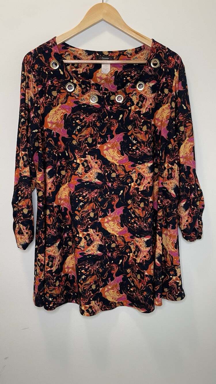 Cocomo Abstract Art to Wear Grommet Neckline Ruched 3/4 Sleeve Blouse Fall 2X
